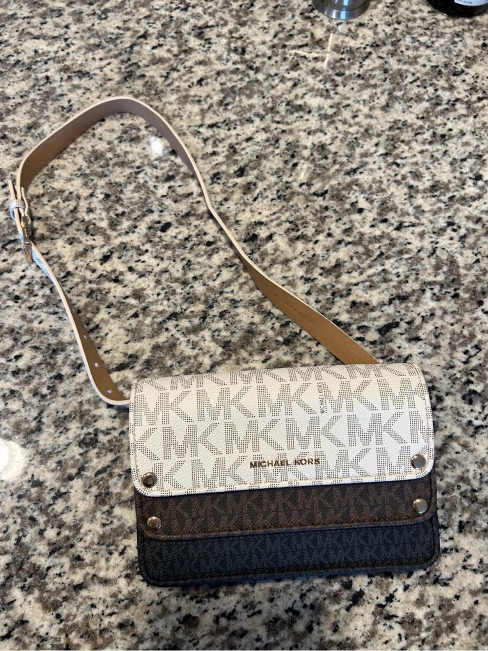 Michael Kors Tri-Strip Logo Crossbody in White, Brown & Black